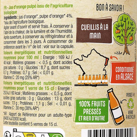 Le Pur jus d'orange avec pulpe BIO