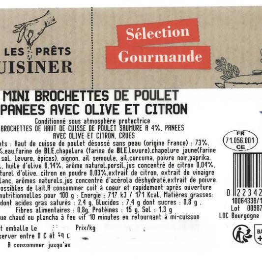 Les Mini brochettes de poulet panées avec olives et citron