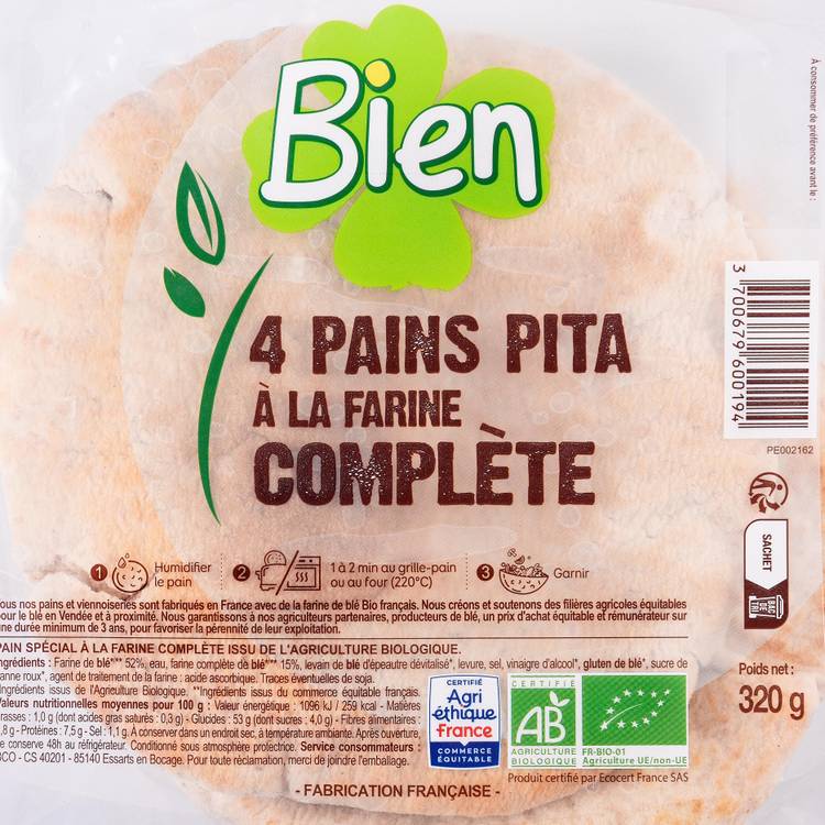 Les Pains pita complets BIO