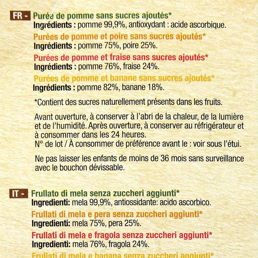 Les Gourdes  de compote de fruits panachés sans sucre ajouté