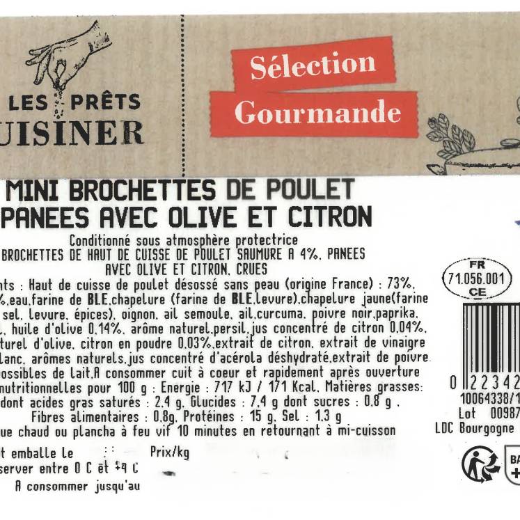Les Mini brochettes de poulet  panées avec olives et citron