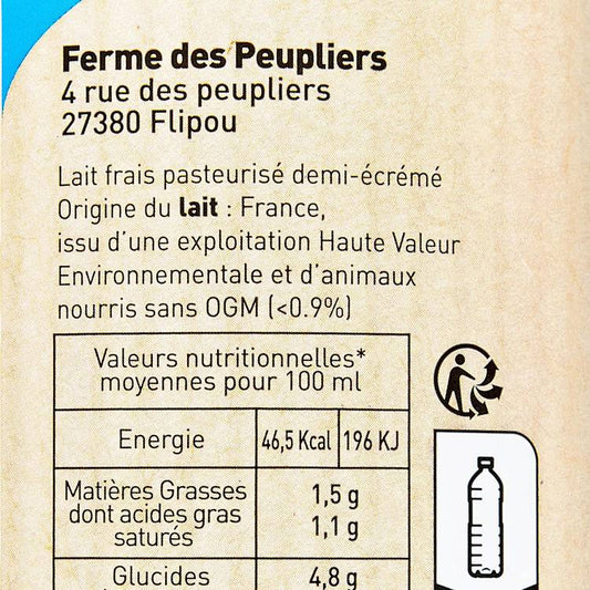 Le Lait frais fermier demi-écrémé "La Ferme des Peupliers"